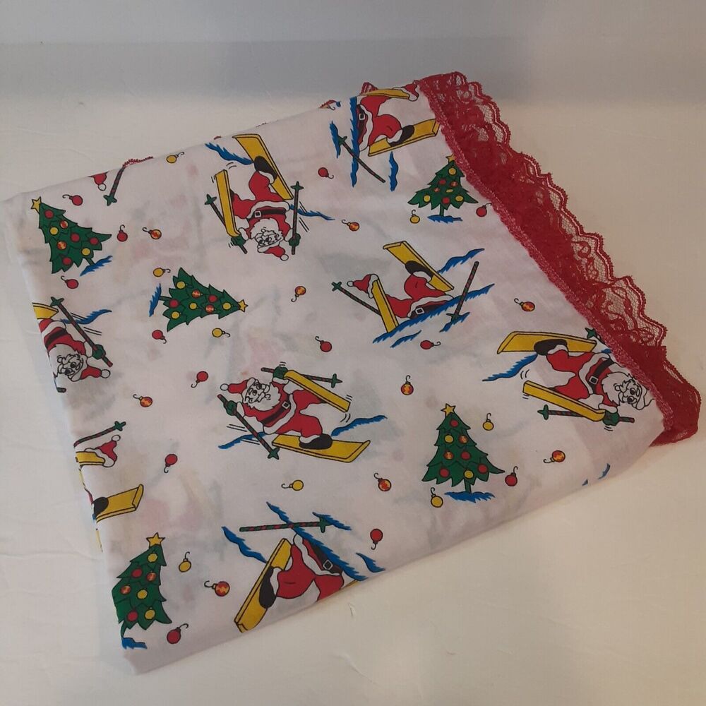 Vintage Santa Graphic Red Lace Edged Tablecloth Square 46.5x46.5 Christmas